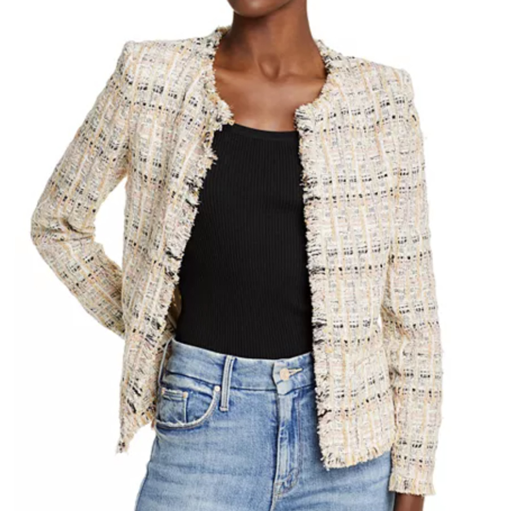 IRO Shavana Tweed Bouclé Metallic Plaid Jacket Fringe Trim Open Front Size 38